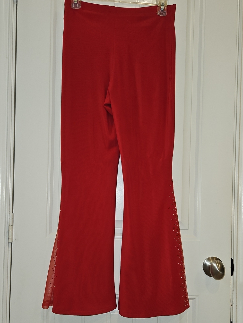Red Wide-Leg Flared Pants with Sheer Side Panels